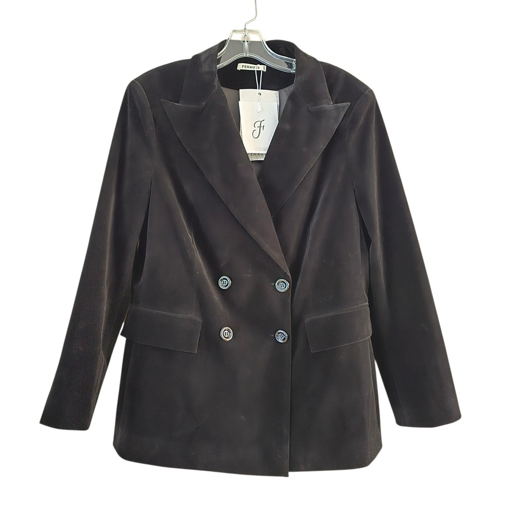 FEHAUTE Women's Black Velvet Brazer Size 10 Double Breasted Blazer
